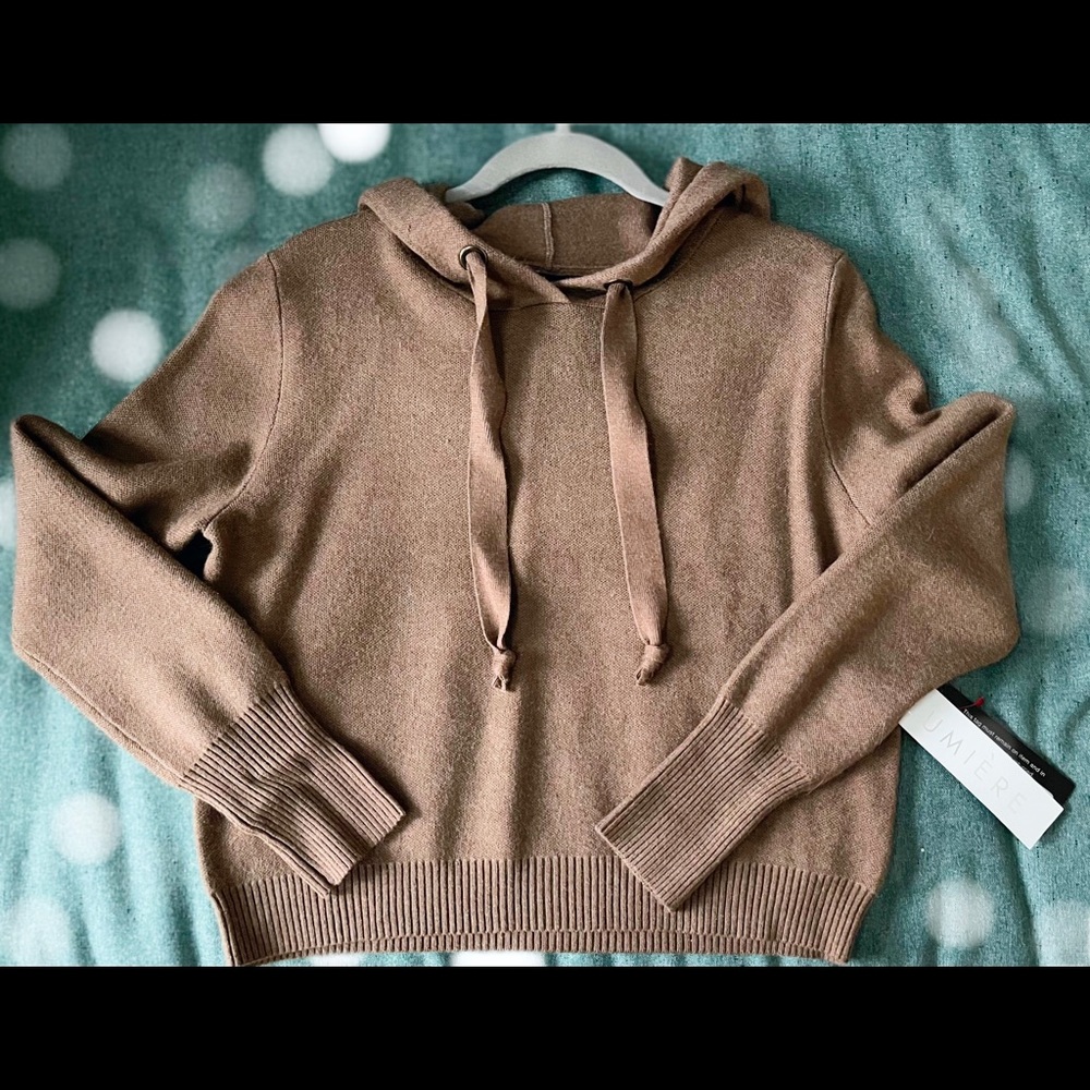 Cute rich chocolate cropped sweater with hood. Size M. NWT